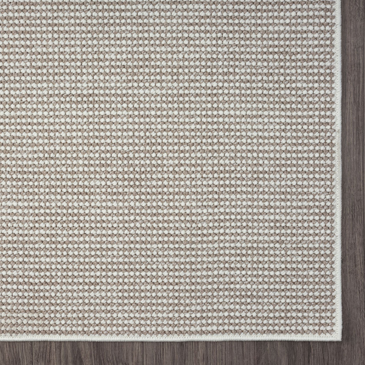Beige flatweave runner rug with subtle geometric pattern and framed edge border.