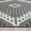Grey and white runner rug with modern geometric pattern and textured fringed edges.