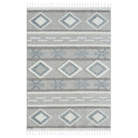 Grey and beige geometric patterned rug with diamond and stripe motifs and fringe edges.