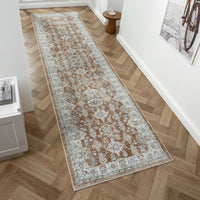 Multi-color transitional runner rug with intricate floral and geometric patterns on a light background.