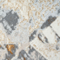 Close-up of Cortina 718 runner rug featuring multicolored geometric abstract pattern in gray, beige, and rust tones on a.