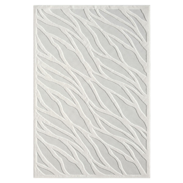 Ivory rug with textured geometric wave pattern in soft neutral tones.