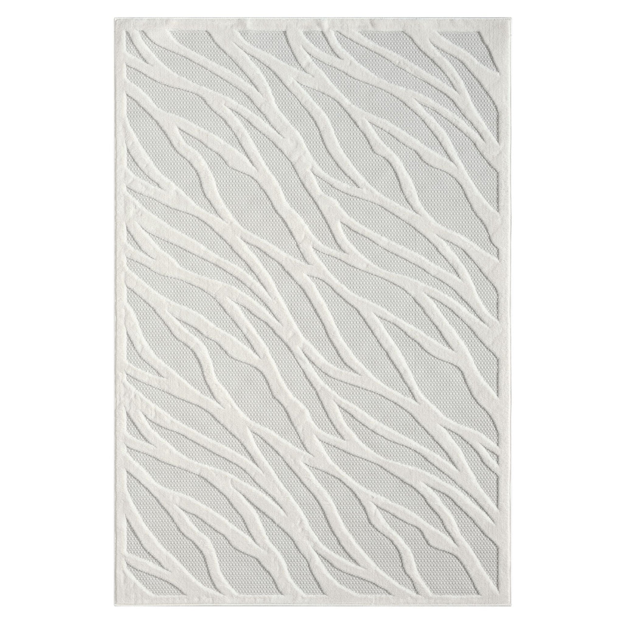 Ivory rug with textured geometric wave pattern in soft neutral tones.