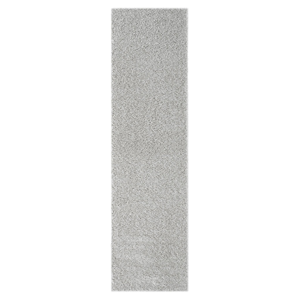 Grey modern shaggy runner rug with soft plush texture and dense pile.