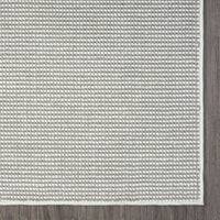 Grey flatweave runner rug with subtle textured geometric pattern and clean white edging.