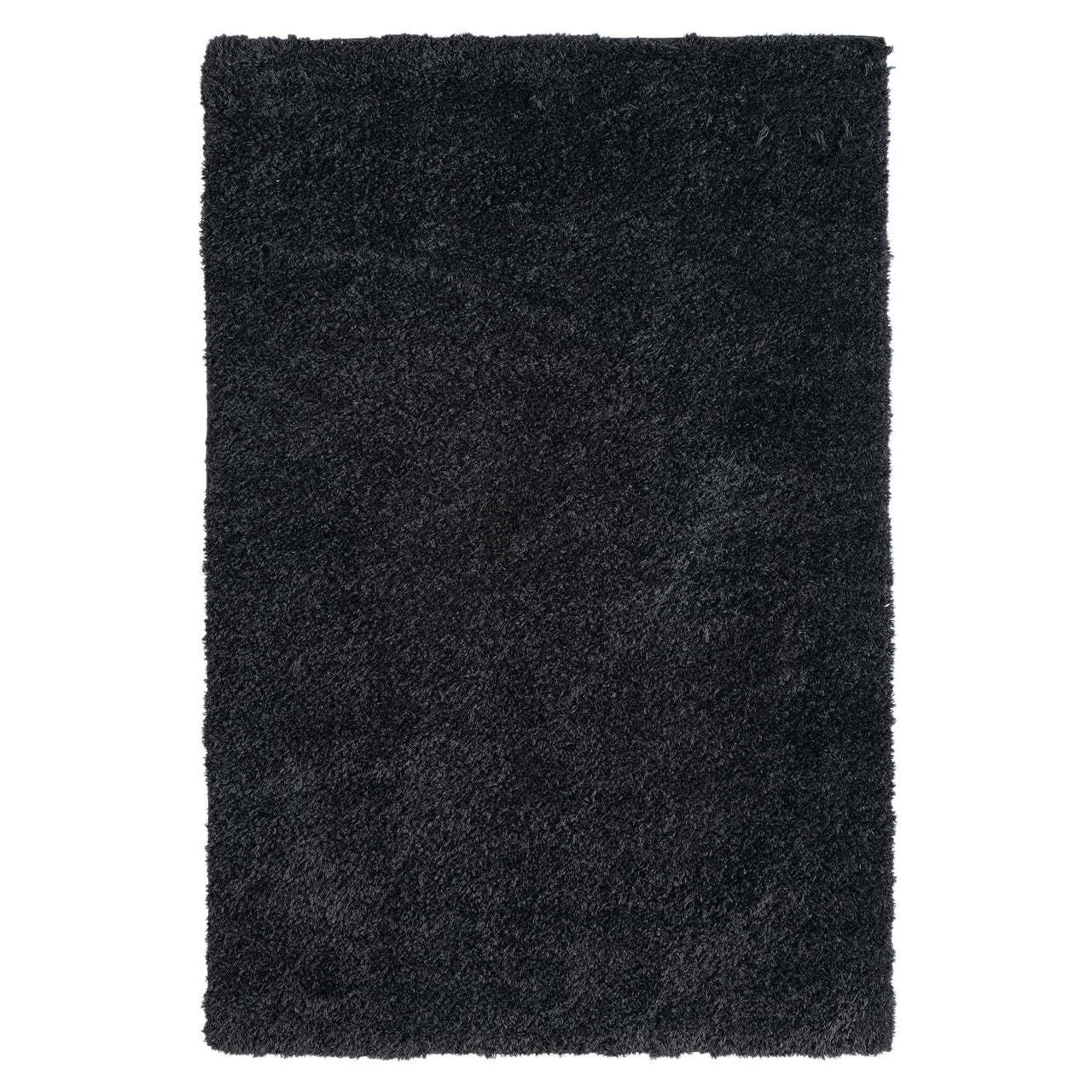 Black modern shaggy rug with dense, soft polyester pile and rectangular shape.