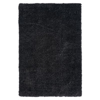 Black modern shaggy rug with dense, soft polyester pile and rectangular shape.