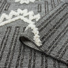 Grey and white runner rug with textured geometric patterns and fringed edges.