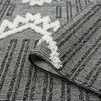 Grey and white runner rug with textured geometric patterns and fringed edges.