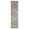 Narrow runner rug with intricate geometric and floral medallions in muted blue, beige, and rust tones on a textured.