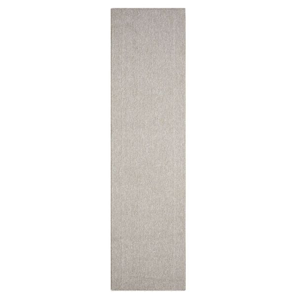 Taupe flatweave runner rug with subtle geometric texture and minimalist modern design.