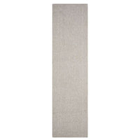 Taupe flatweave runner rug with subtle geometric texture and minimalist modern design.