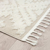 Beige and white modern geometric patterned runner rug with textured pile and fringed edges.