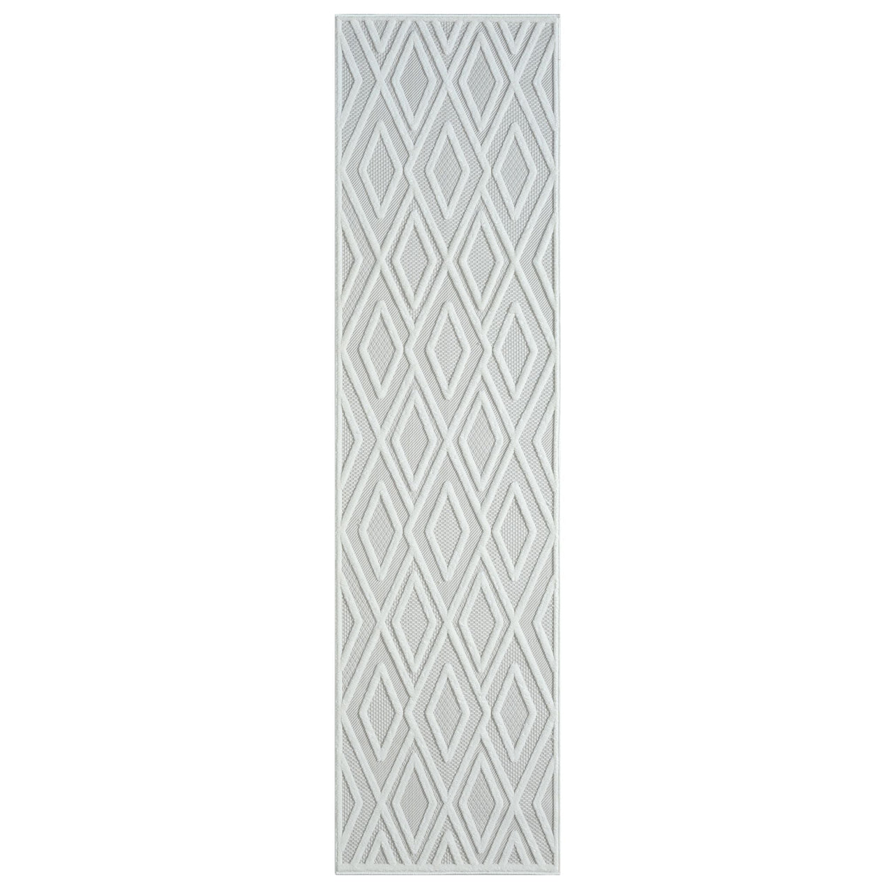 Grey and white runner rug with textured geometric diamond pattern and modern design.