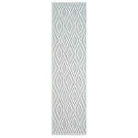 Grey and white runner rug with textured geometric diamond pattern and modern design.
