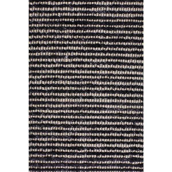 Black and gray striped loop pile rayon cotton rug with a textured, modern woven design.