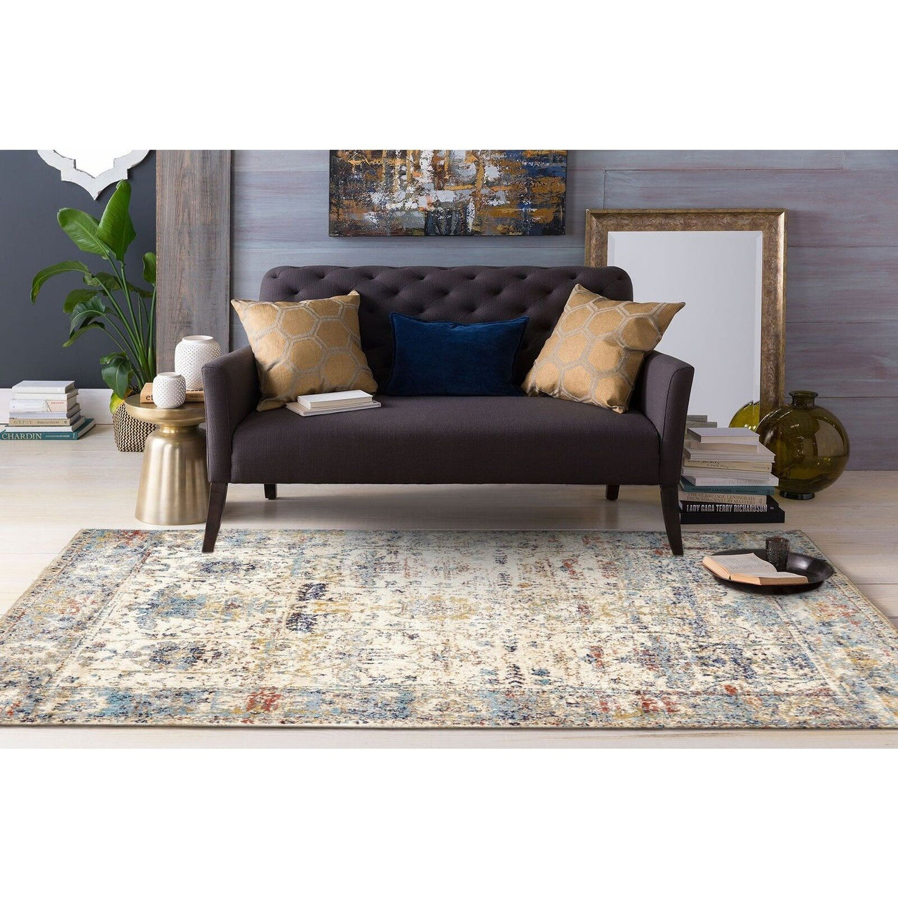 Beliz Beige Blue Multi Coloured Patterned Transitional Designer Rug - Rugs Of Beauty - 3