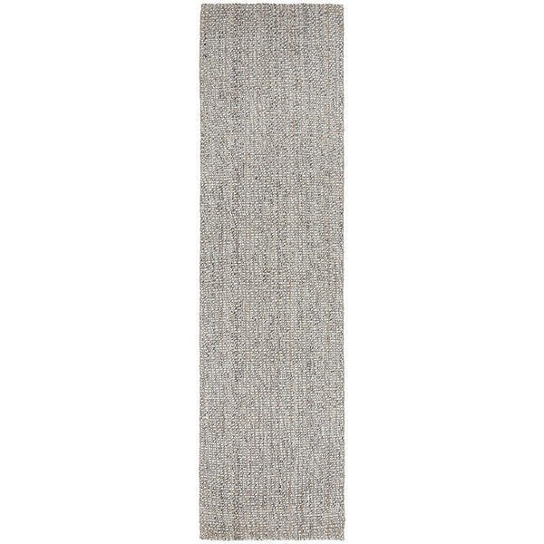 Hand loomed Scandinavian grey wool and jute runner rug with subtle natural texture.