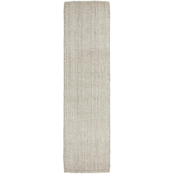 Rectangular white natural wool and jute hand-loomed runner rug with subtle textured stripes.