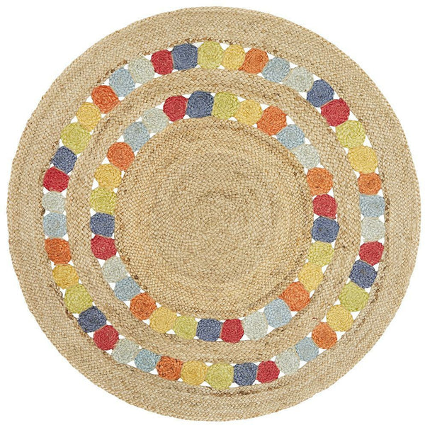 Onega Hand Woven Natural Multi Colour Jute Round Rug - Rugs Of Beauty - 1