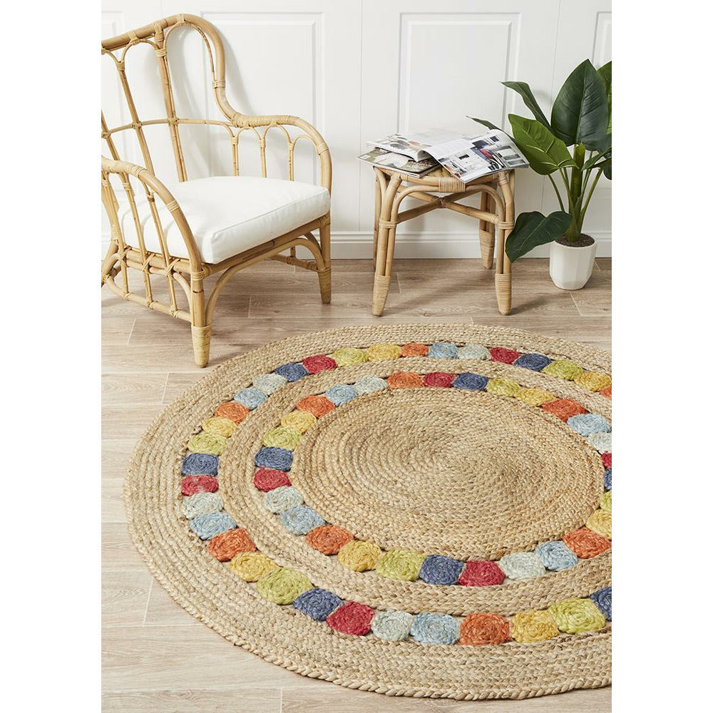 Onega Hand Woven Natural Multi Colour Jute Round Rug - Rugs Of Beauty - 2