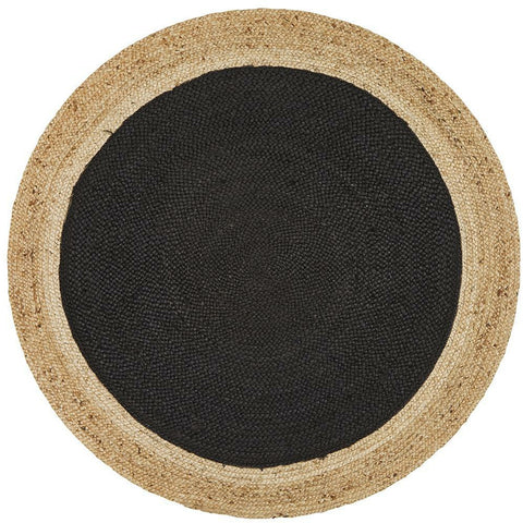Onega Hand Woven Natural Jute Black Round Rug - Rugs Of Beauty - 1
