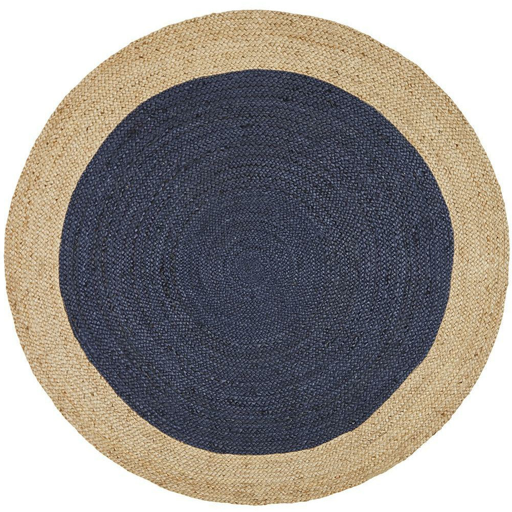 Onega Hand Woven Natural Jute Round Navy Rug - Rugs Of Beauty - 1