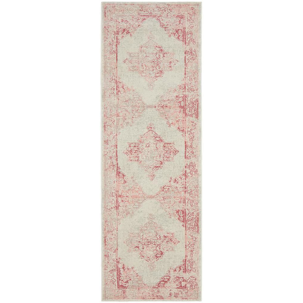 Rose beige transitional runner rug with faded geometric medallion pattern and distressed edges.