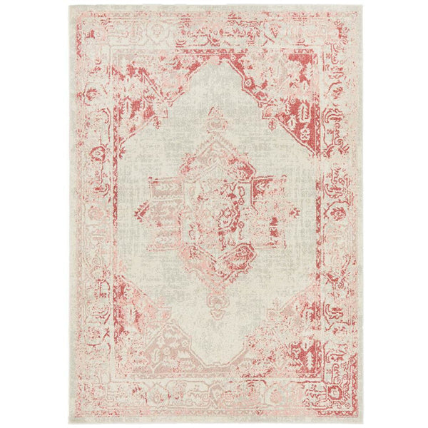 Transitional rose beige rug with faded pink medallion and ornate border pattern, rectangular shape.