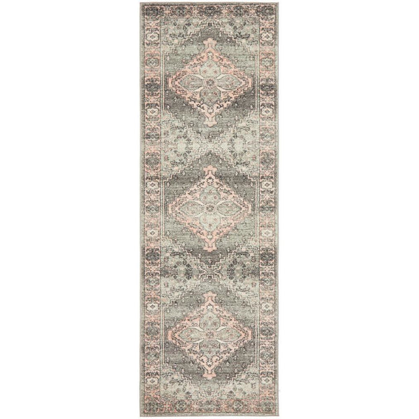 Grey runner rug with intricate rose-toned medallion patterns and a distressed, transitional style design.