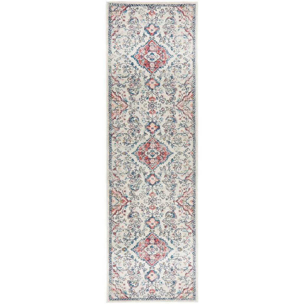 Transitional runner rug with rose blue and beige floral pattern on a light background.