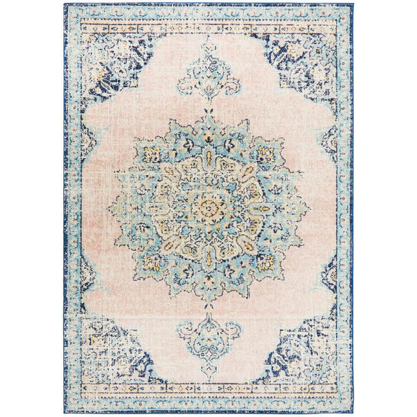 Pastel rose and blue transitional rug with intricate medallion and floral pattern, rectangular shape.