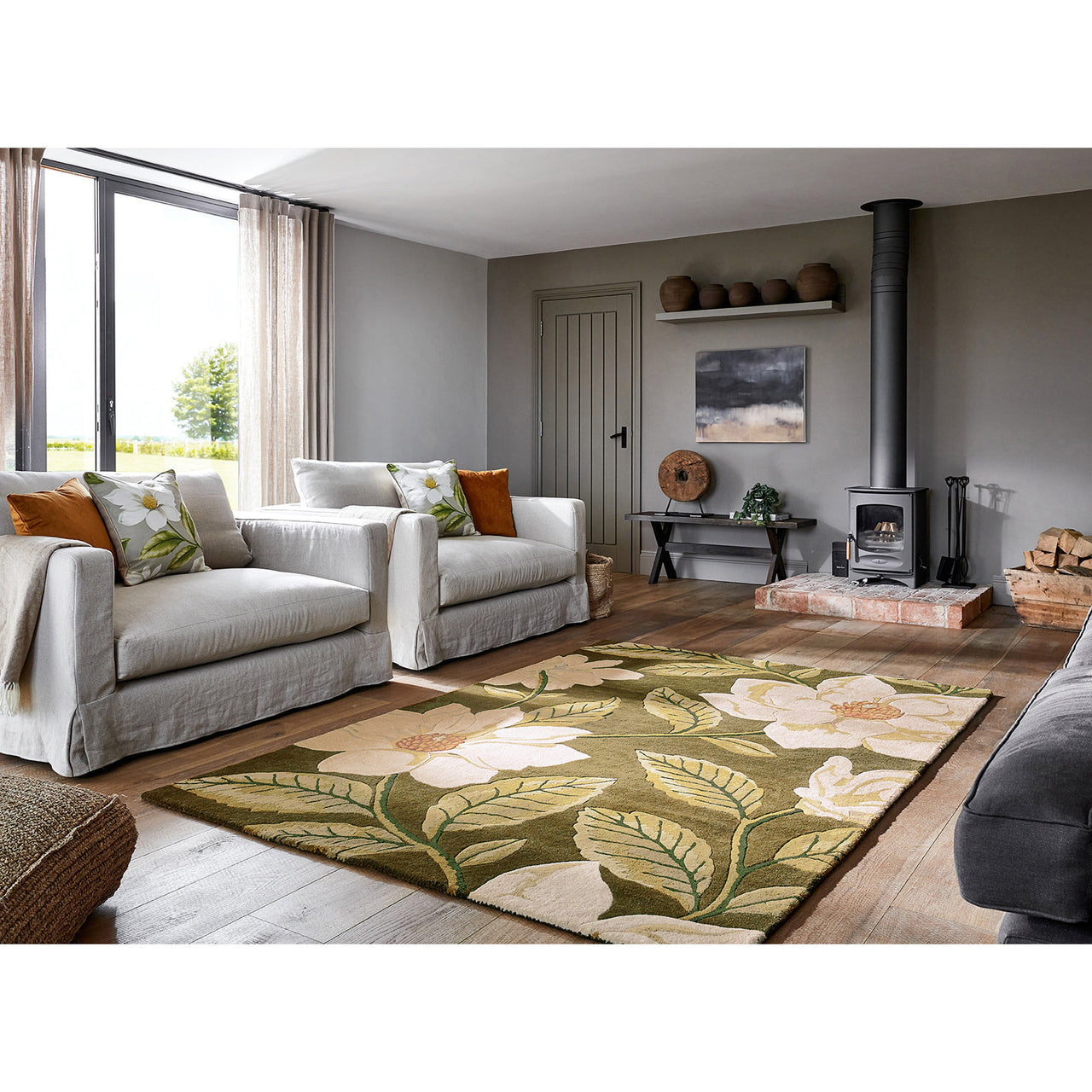 Sanderson Grandiflora Olive 145607 Designer Wool Rug - Rugs Of Beauty - 2