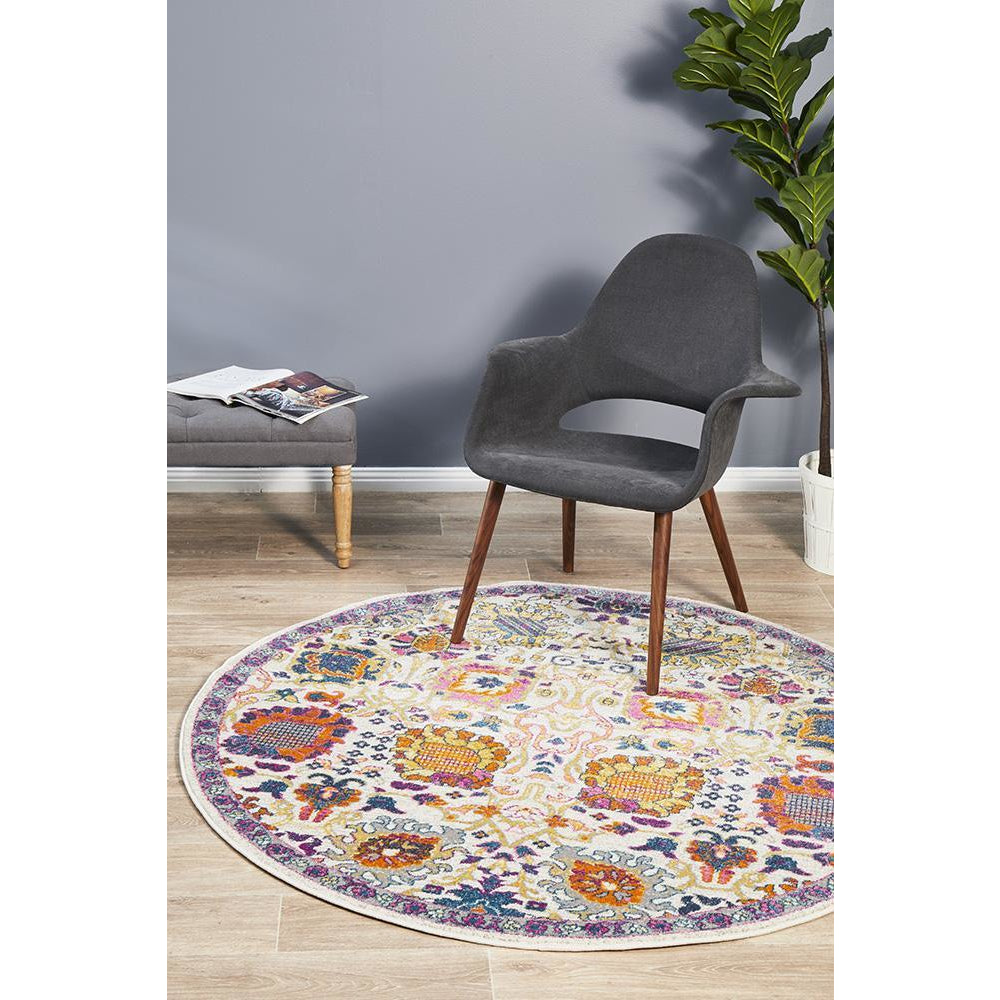 Selje 606 Pink Purple Multi Colour Transitional Bohemian Inspired Round Rug - Rugs Of Beauty - 1