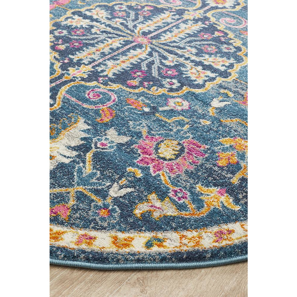 Selje 609 Navy Blue Pink Multi Colour Transitional Bohemian Inspired Round Rug - Rugs Of Beauty - 2