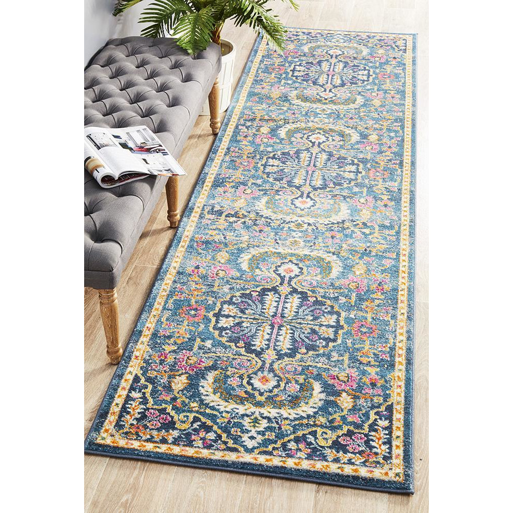 Selje 609 Navy Blue Pink Multi Colour Transitional Bohemian Inspired Runner Rug - Rugs Of Beauty - 1