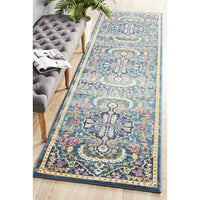 Selje 609 Navy Blue Pink Multi Colour Transitional Bohemian Inspired Runner Rug - Rugs Of Beauty - 1