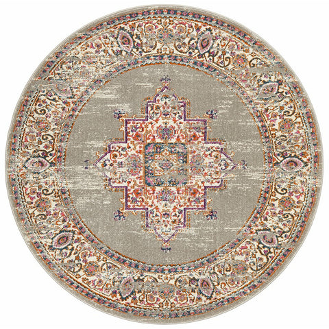 Selje 611 Grey Multi Coloured Transitional Bohemian Inspired Round Rug - Rugs Of Beauty 