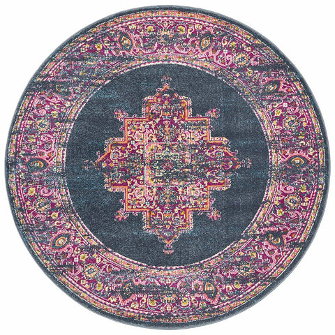 Selje 611 Navy Blue Multi Colour Transitional Bohemian Inspired Round Rug - Rugs Of Beauty