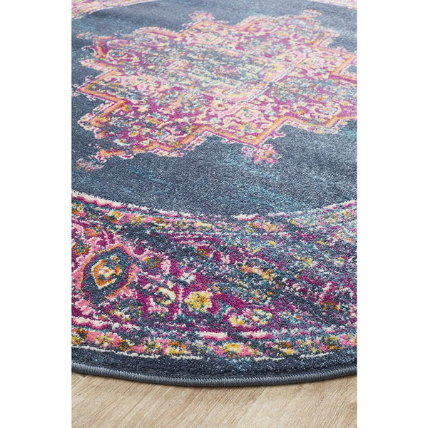 Selje 611 Navy Blue Multi Colour Transitional Bohemian Inspired Round Rug - Rugs Of Beauty - 2