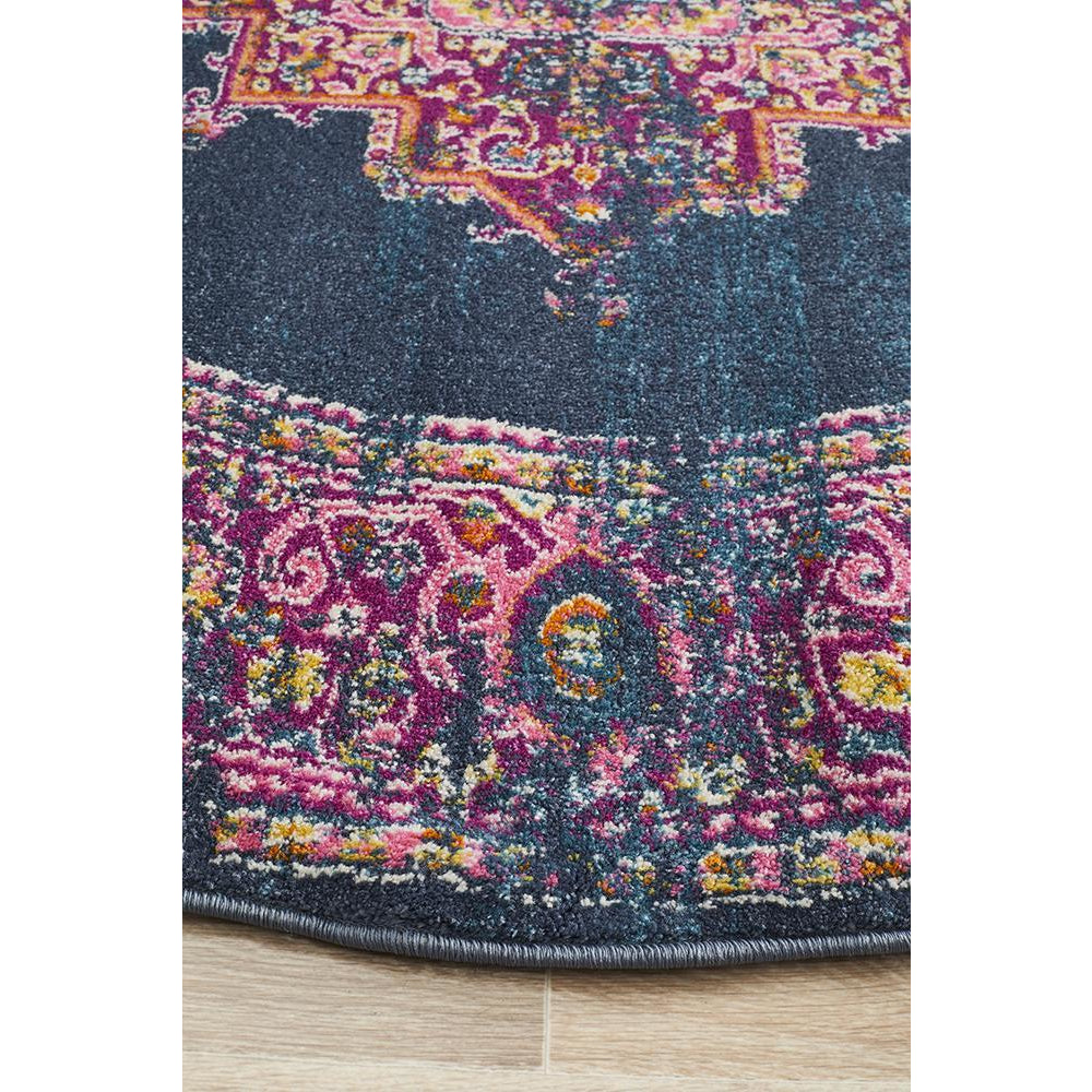 Selje 611 Navy Blue Multi Colour Transitional Bohemian Inspired Round Rug - Rugs Of Beauty - 4