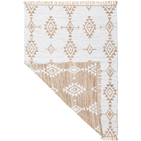 Reversible flatwoven rug with natural cotton and jute fibers featuring a modern diamond pattern in neutral beige and white.