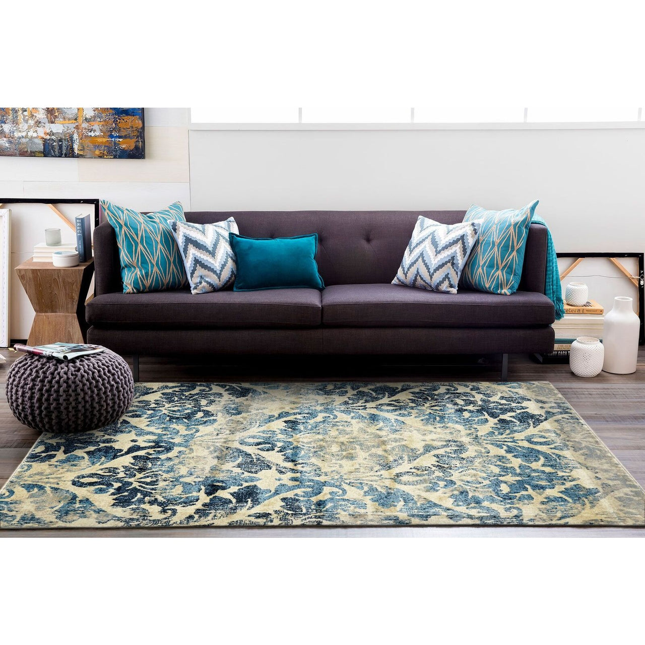 Denzel Blue Beige Floral Patterned Motif Modern Rug - Rugs Of Beauty - 5