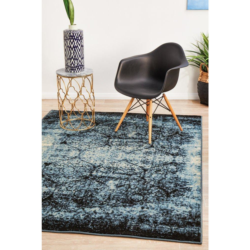 Denzel Faded Light Blue Navy Blue Beige Motif Modern Rug - Rugs Of Beauty - 4