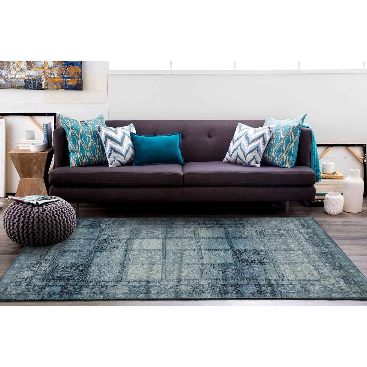 Denzel Blue Grey Beige Patchwork Pattern With Floral Motif Border Rug - Rugs Of Beauty - 5