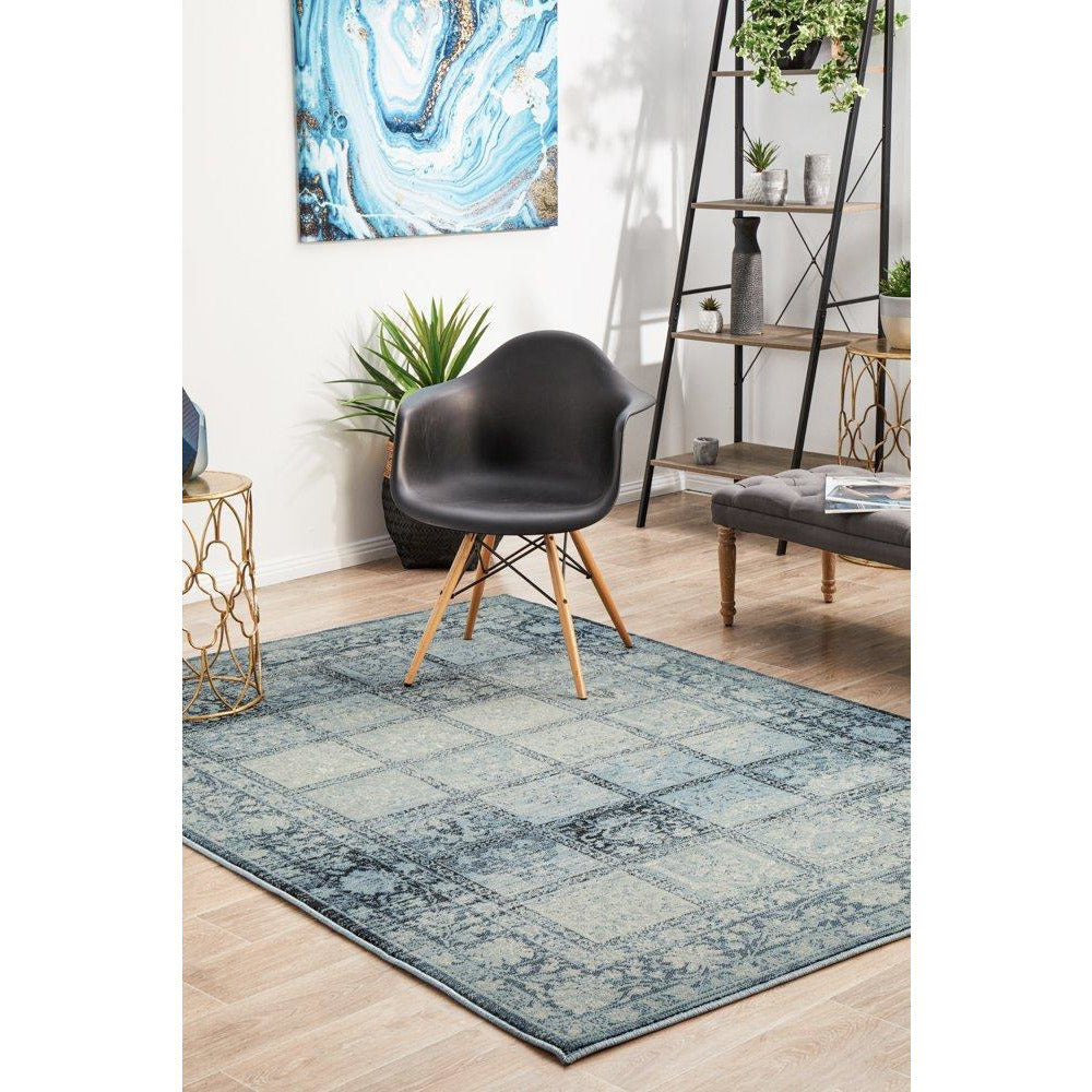 Denzel Blue Grey Beige Patchwork Pattern With Floral Motif Border Rug - Rugs Of Beauty - 3