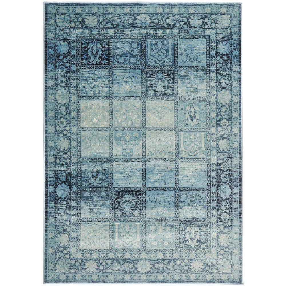 Denzel Blue Grey Beige Patchwork Pattern With Floral Motif Border Rug - Rugs Of Beauty - 1