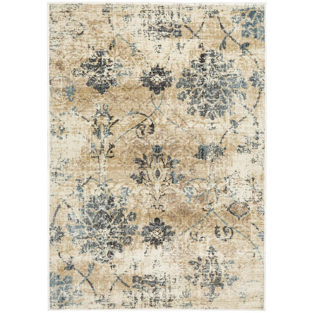 Denzel Faded Blue, Beige, Bone and Black Floral Motif Modern Rug - Rugs Of Beauty - 1
