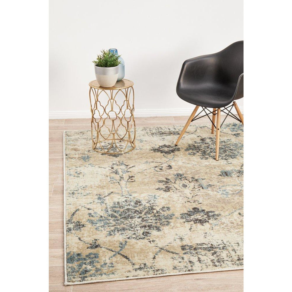 Denzel Faded Blue, Beige, Bone and Black Floral Motif Modern Rug - Rugs Of Beauty - 2