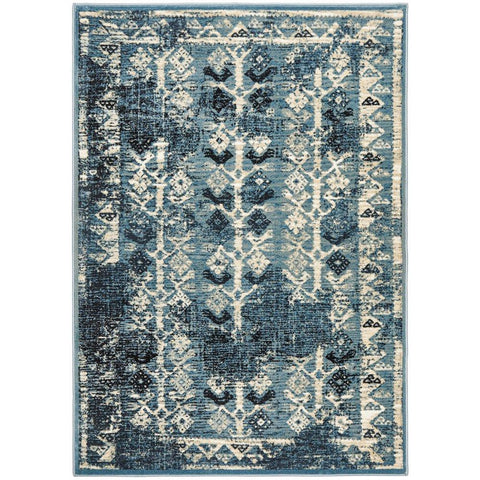 Denzel Faded Blue White Geometric Tree Motif With Border Modern Rug - Rugs Of Beauty - 1